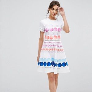 Ted Baker White Dress with Pink, Coral and Blue Hexagon Print